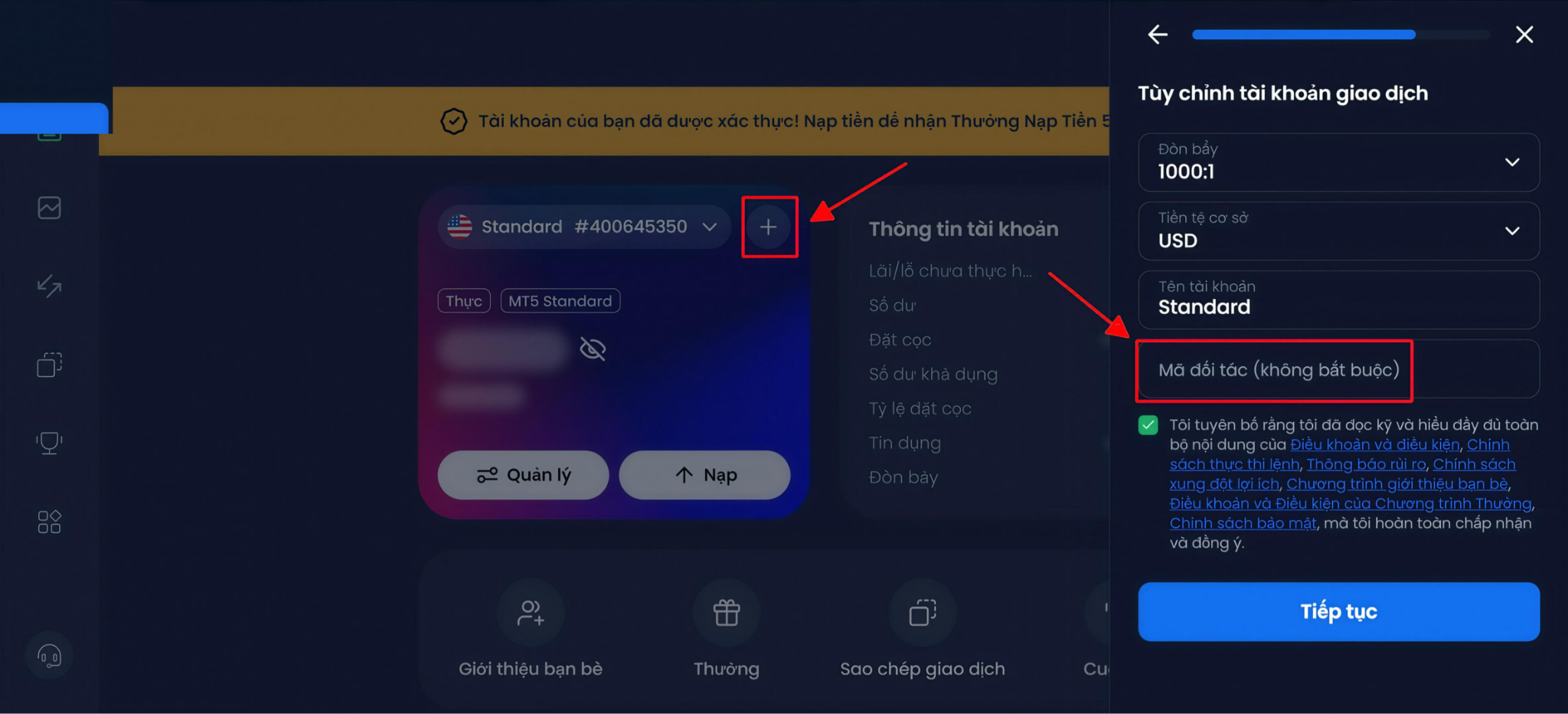 Minh họa bước chọn nền tảng giao dịch và loại tài khoản giao dịch trong XM