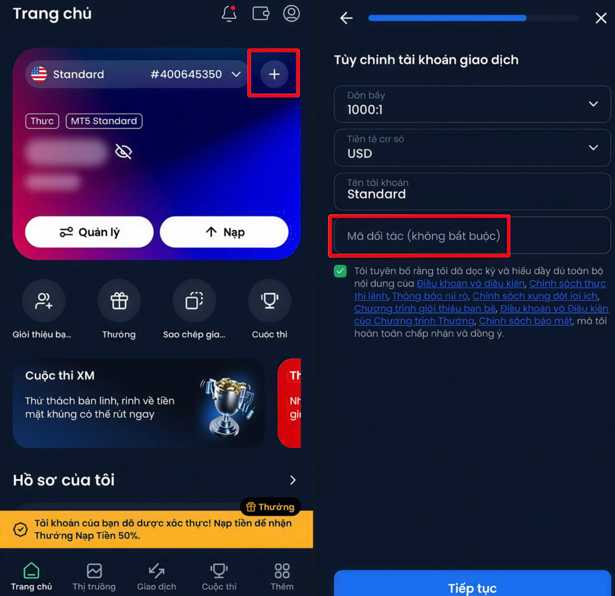 Minh họa bước nhập mã đối tác RATIO trong XM